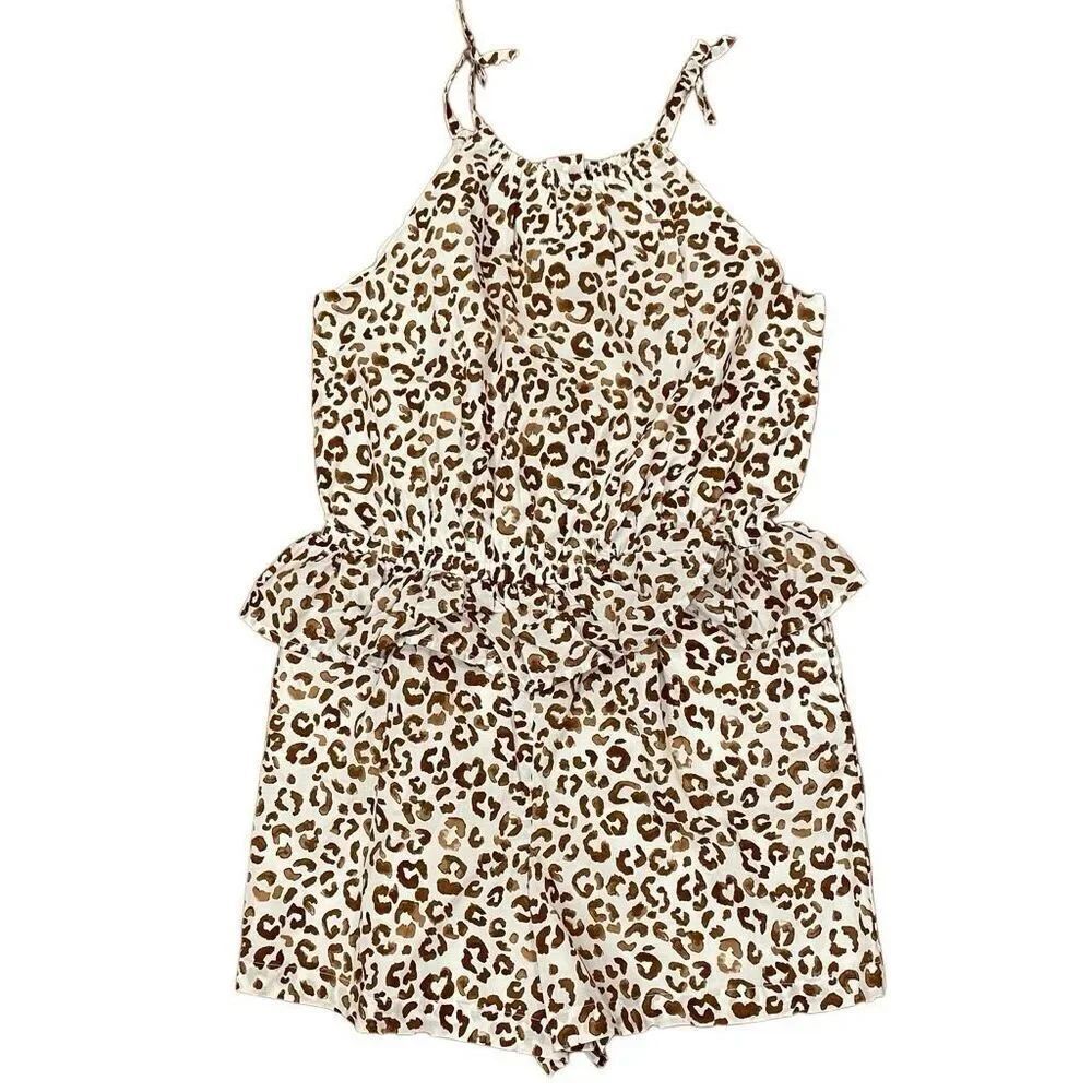 Janie and Jack Girls Leopard Peplum Romper 8 Argan Oil Leopard Lined Pockets